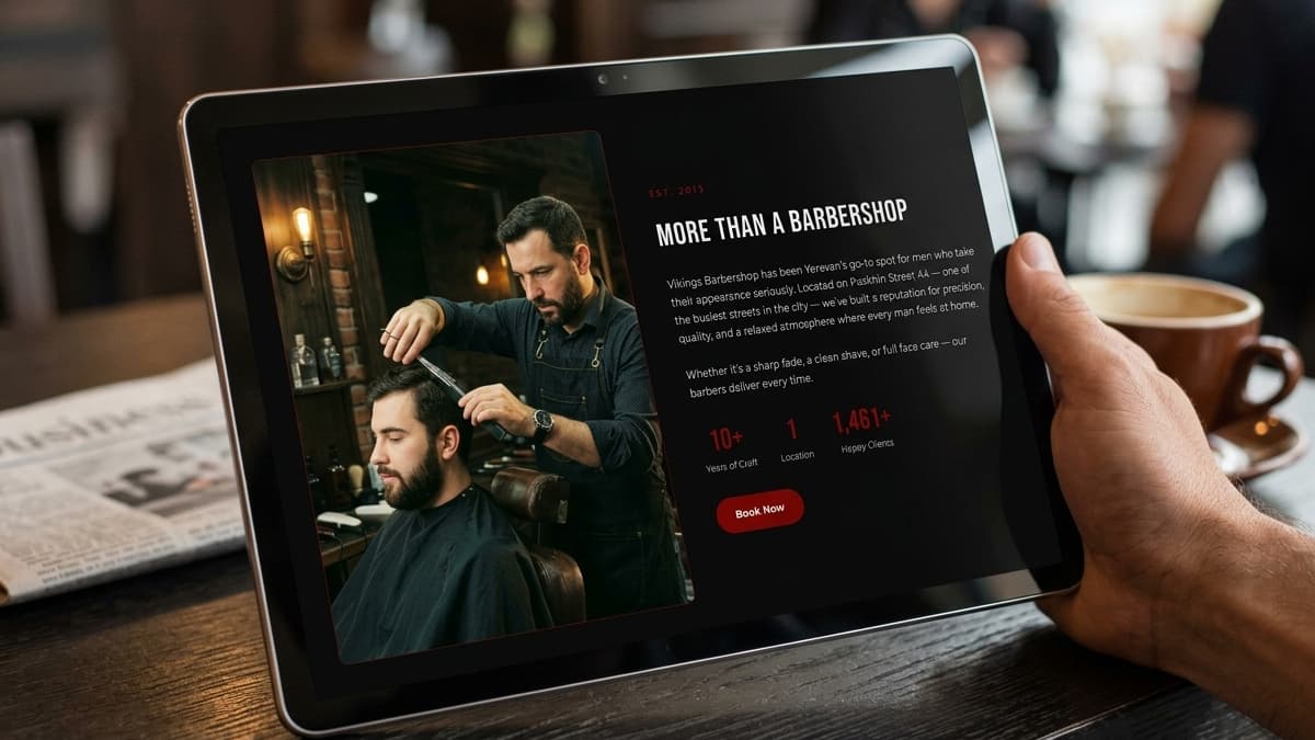 Tablet screen displaying an "About Us" section titled "MORE THAN A BARBERSHOP" with a photo of a barber at work, details of their Yerevan location, and client statistics.