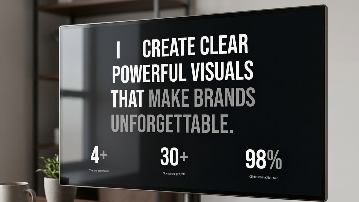 Desktop screen displaying a portfolio slide with the statement "I CREATE CLEAR POWERFUL VISUALS THAT MAKE BRANDS UNFORGETTABLE." and metrics for experience (4+ years), projects (30+), and client satisfaction (98%).