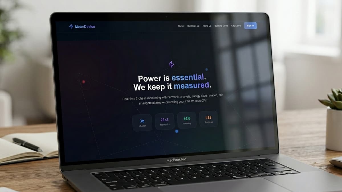Laptop screen displaying the homepage of MeterDevice with the headline "Power is essential. We keep it measured." and four metric badges for phase, harmonics, accuracy, and response time.