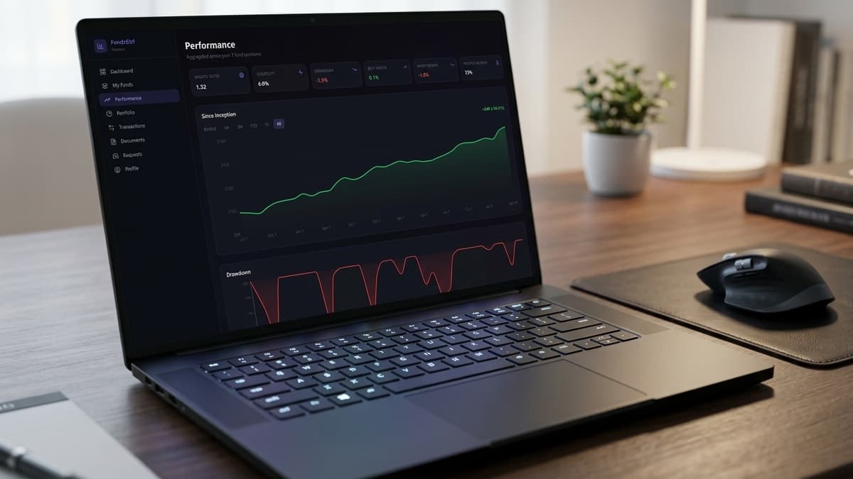 Laptop screen displaying a "Performance" analytics page with risk metrics like Sharpe Ratio and volatility, alongside a green performance trend chart and a red drawdown chart.