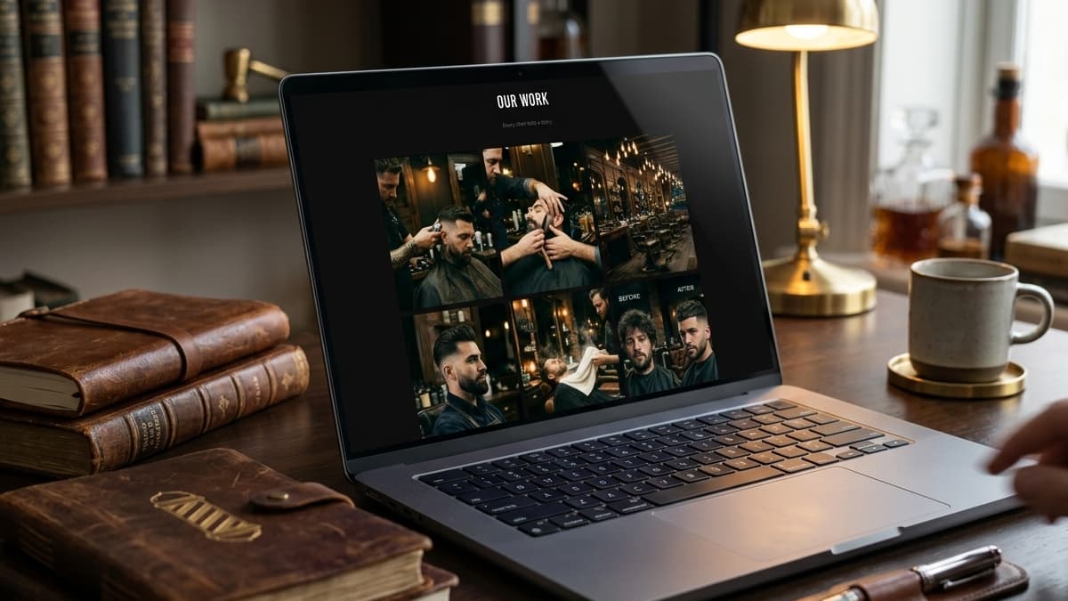Laptop screen displaying an "OUR WORK" portfolio page with a grid of photos showcasing haircuts, shaves, and shop interiors.