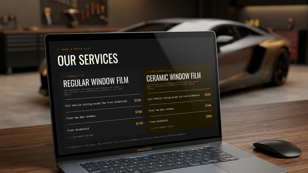 Laptop screen displaying a side-by-side pricing sheet comparing Regular (Carbon) and Ceramic Window Film packages.