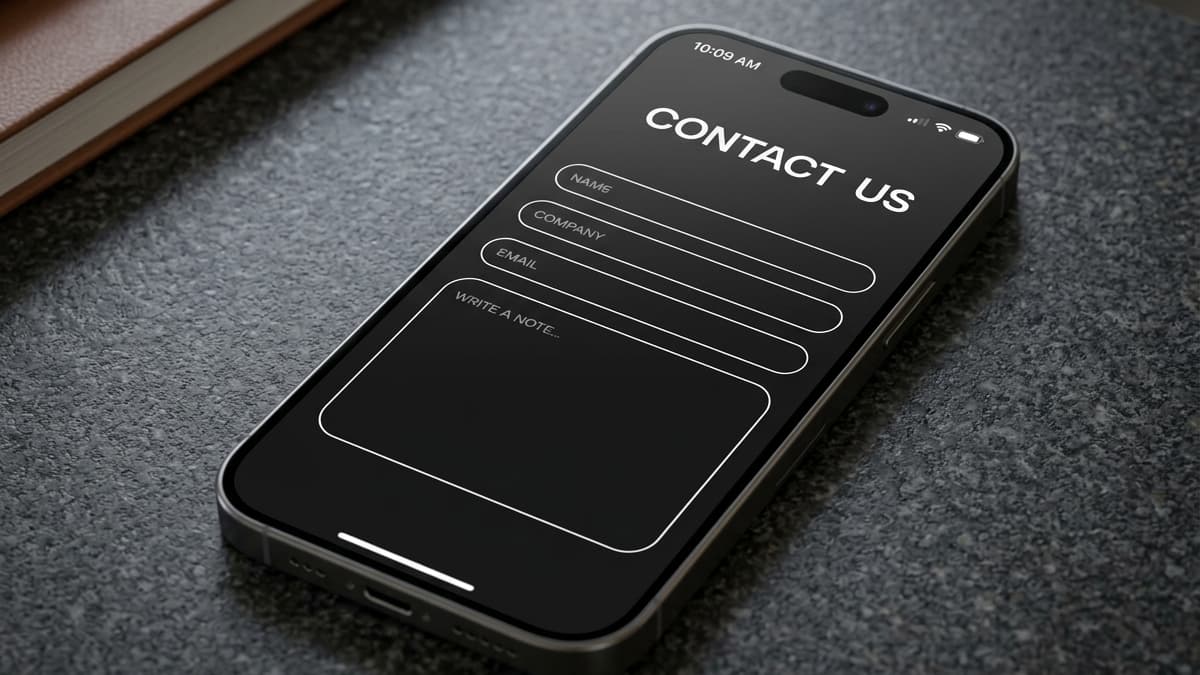 Mobile screen displaying a dark "CONTACT US" form containing outline fields for Name, Company, Email, and a message note.