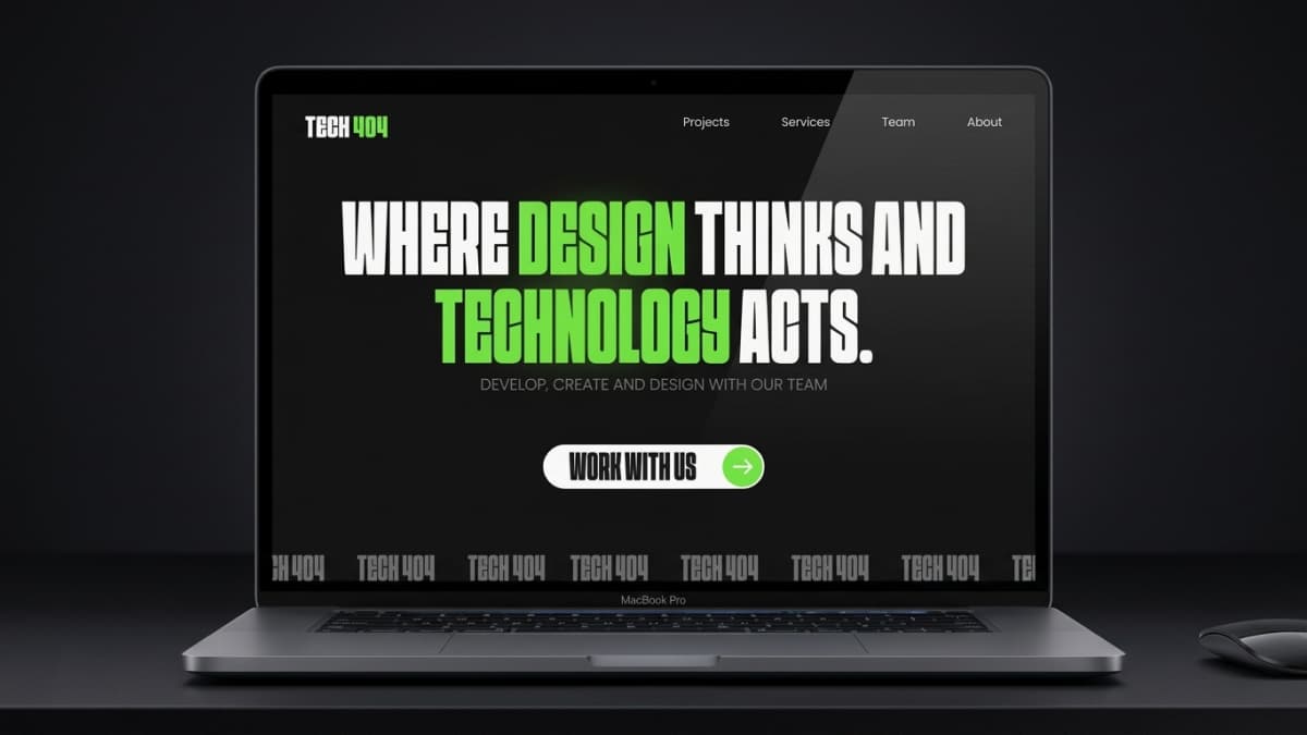 Laptop screen displaying a dark homepage with the headline "WHERE DESIGN THINKS AND TECHNOLOGY ACTS." and a "WORK WITH US" button.