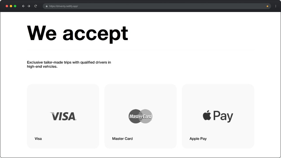 Webpage section titled 'We accept' showing accepted payment methods: Visa, Master Card, and Apple Pay logos.