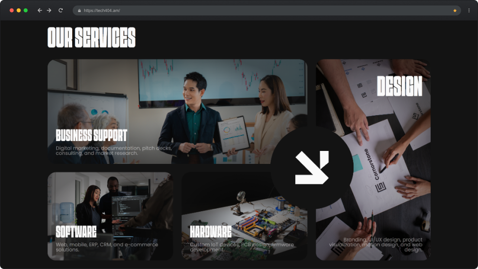 Website section titled Our Services showing images representing Business Support, Software, Hardware, and Design services with descriptive text.