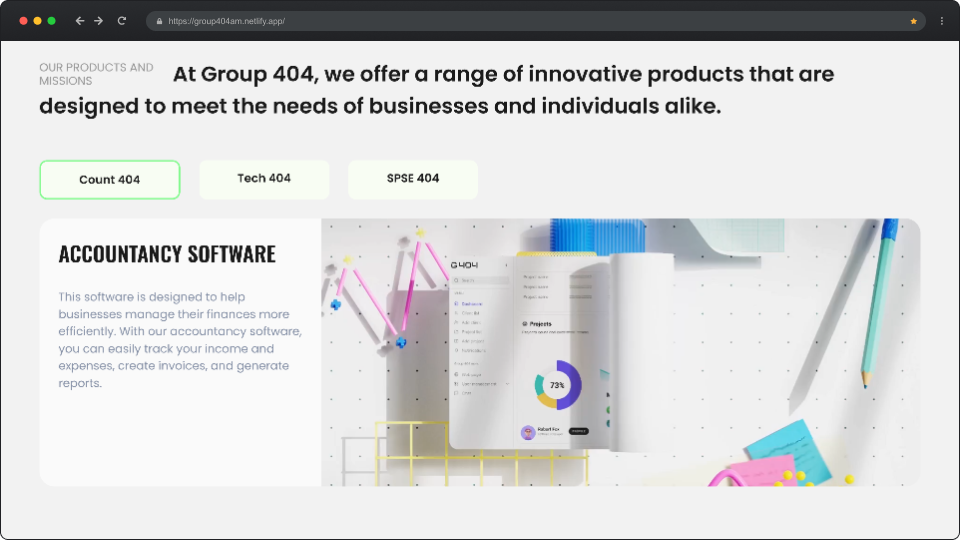 Webpage screenshot for Group 404 showcasing accountancy software with navigation buttons and a finance dashboard graphic.