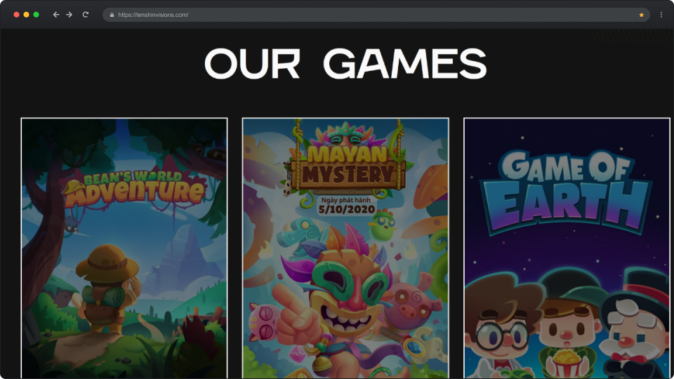 Website section titled 'Our Games' featuring game covers for Bean's World Adventure, Mayan Mystery, and Game of Earth.