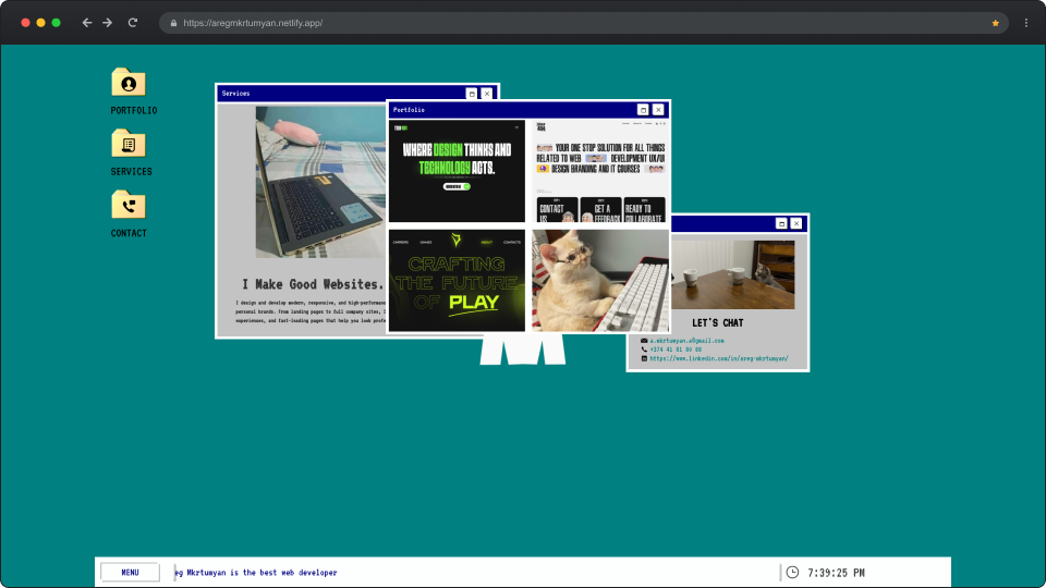 Desktop interface with three overlapping retro-style windows showing a laptop photo with website text, a portfolio featuring design and technology graphics and a cat image with contact info, on a teal background with folder icons labeled Portfolio, Services, and Contact on the left.