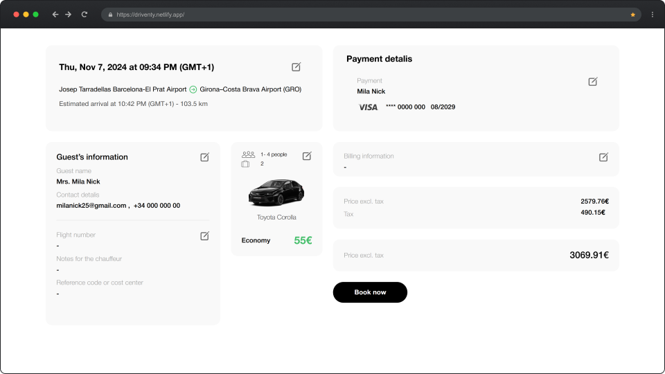 Taxi booking confirmation page showing trip details from Barcelona-El Prat Airport to Girona-Costa Brava Airport on Thu, Nov 7, 2024, at 9:34 PM, guest information for Mrs. Mila Nick, payment by Visa ending in 0000, economy Toyota Corolla car for 1-4 people costing 55 euros, and total price of 3069.91 euros including tax.