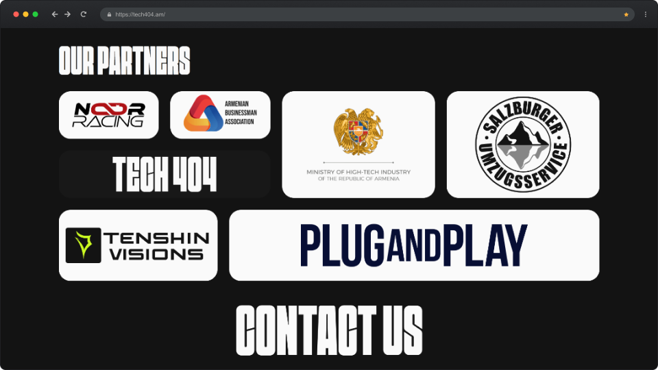 Website section titled Our Partners with logos of Noor Racing, Armenian Businessman Association, Ministry of High-Tech Industry of the Republic of Armenia, Salzburger Umzugsservice, Tech 404, Tenshin Visions, and Plug and Play, above Contact Us text.