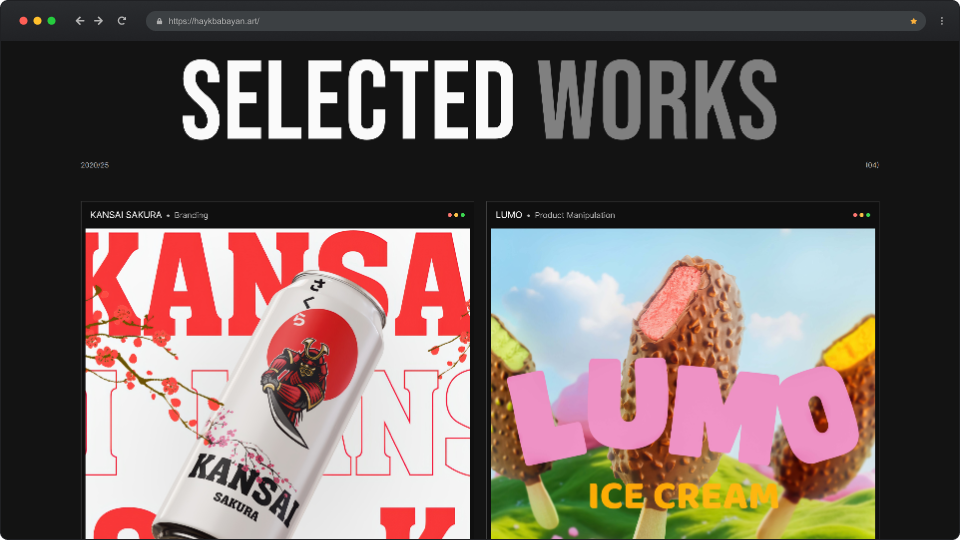Webpage section titled Selected Works showcasing branding for Kansai Sakura with a samurai-themed can and product manipulation for Lumo ice cream bars.