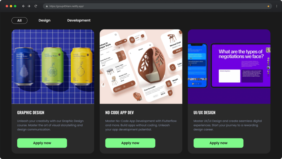 Website section with three course options: Graphic Design with illustrated soda cans, No Code App Development with app interface and chair design, and UI/UX Design with digital negotiation screens, each with 'Apply now' buttons.