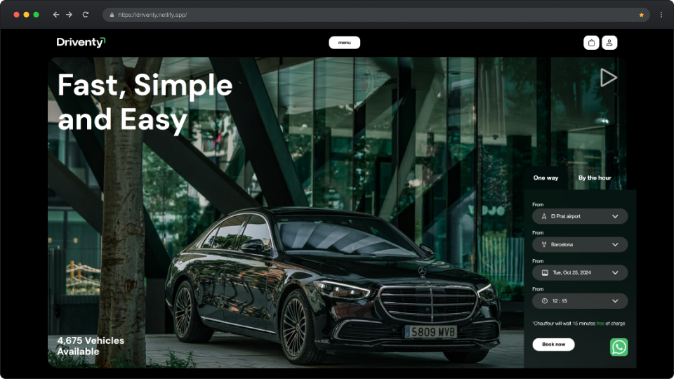 Black Mercedes sedan parked in front of a modern glass building with booking options displayed on the right.