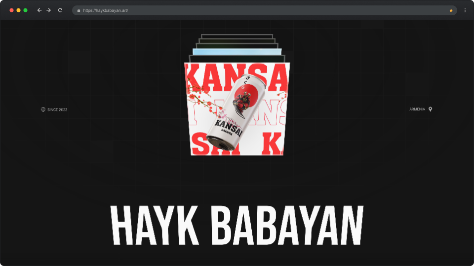 Website homepage with a black background featuring a spray paint can labeled 'KANSAI' over large red text and the name 'HAYK BABAYAN' in bold white letters below.