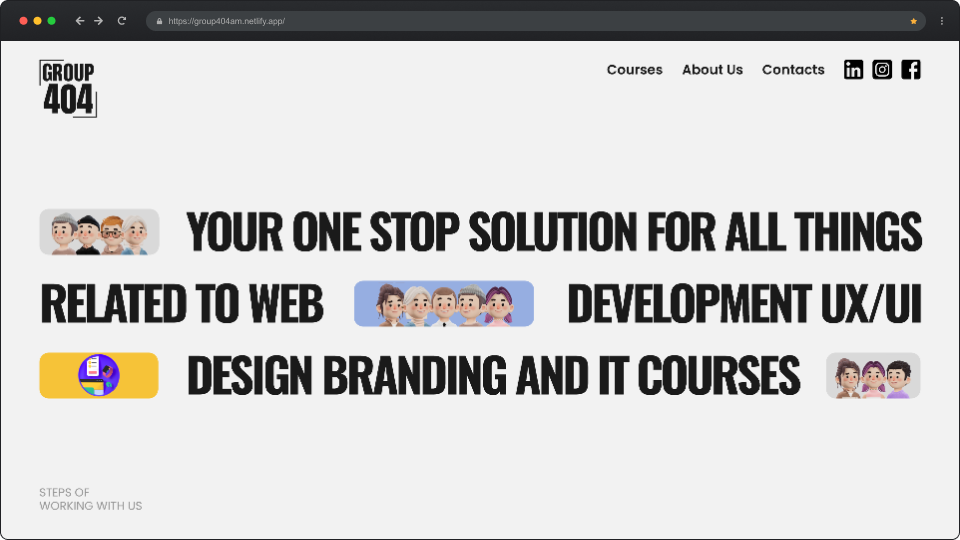 Website homepage showing GROUP 404 logo, navigation links for Courses, About Us, Contacts, social media icons, and bold text stating a one-stop solution for web development, UX/UI, design, branding, and IT courses with emoji-style group icons.