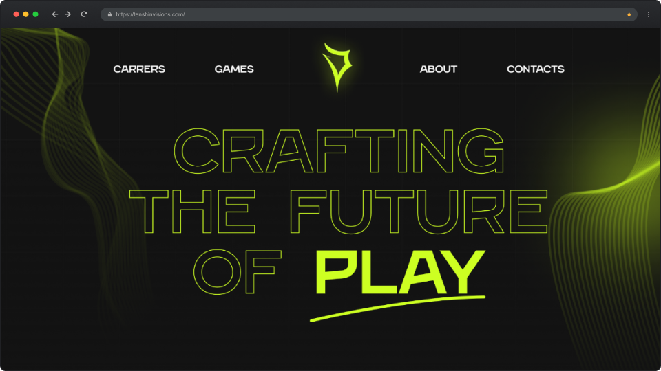 Website homepage with menu options Carrers, Games, About, Contacts and neon text Crafting the Future of Play on dark background with glowing green abstract wave designs.