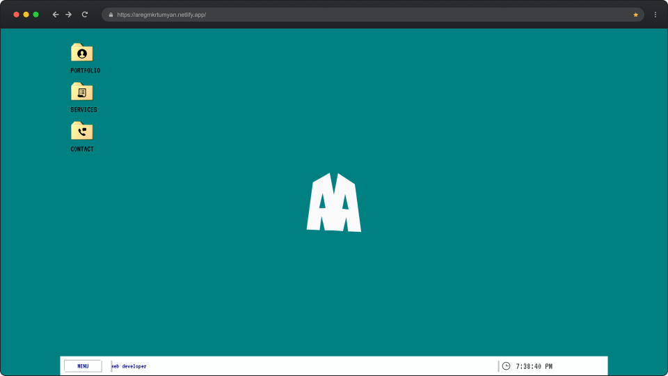 Webpage with a teal background featuring a white stylized AA logo in the center, folder icons labeled Portfolio, Services, and Contact on the top left, and a footer with a menu button, 'web developer' text, and a clock showing 7:38 PM.